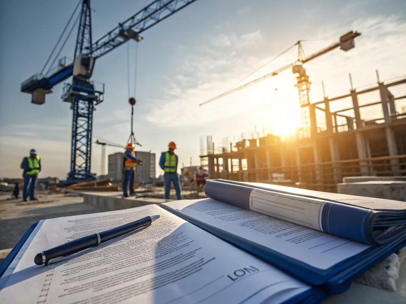 An image showing a construction site with blueprints and legal documents in the foreground, symbolizing property development and legal oversight.