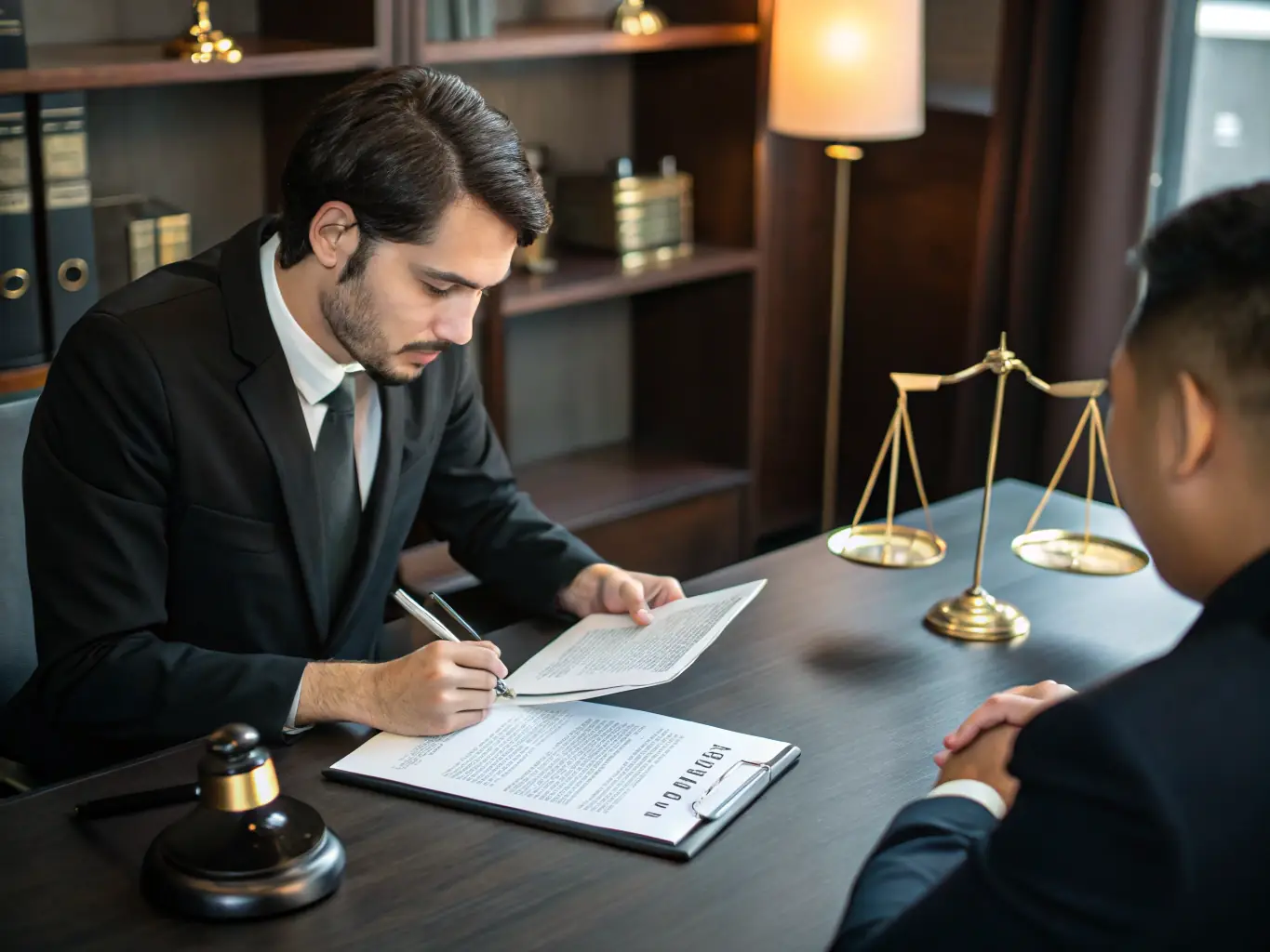 An image depicting a lawyer reviewing a real estate transaction document with a client in a modern office setting, emphasizing trust and professionalism.