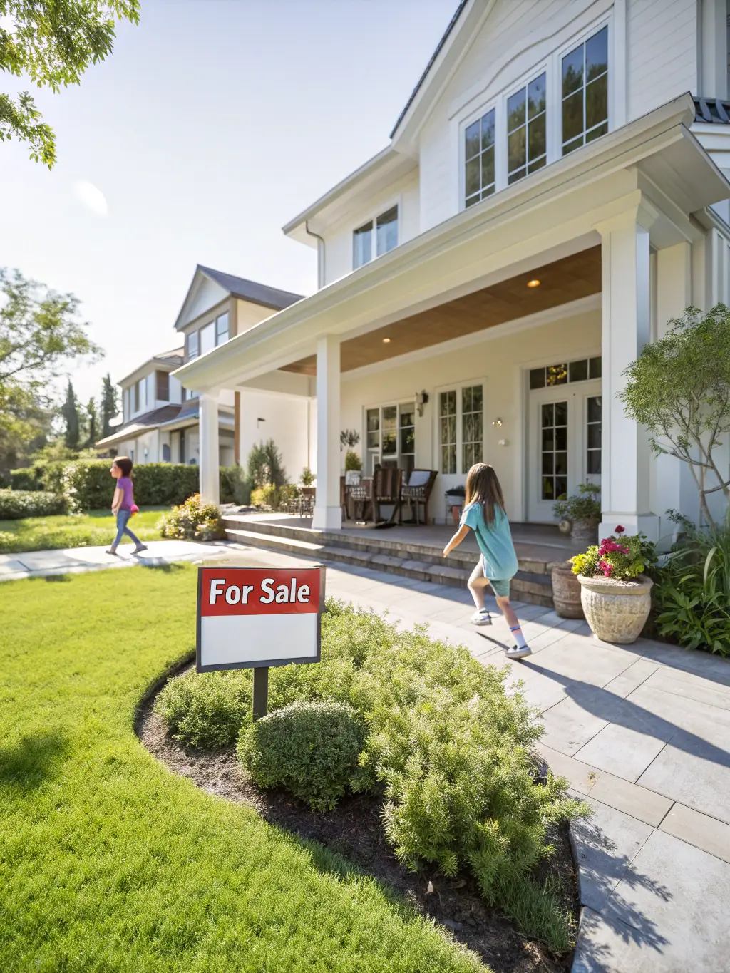 A modern house exterior with a 'For Sale' sign, under a sunny sky, representing property sales.