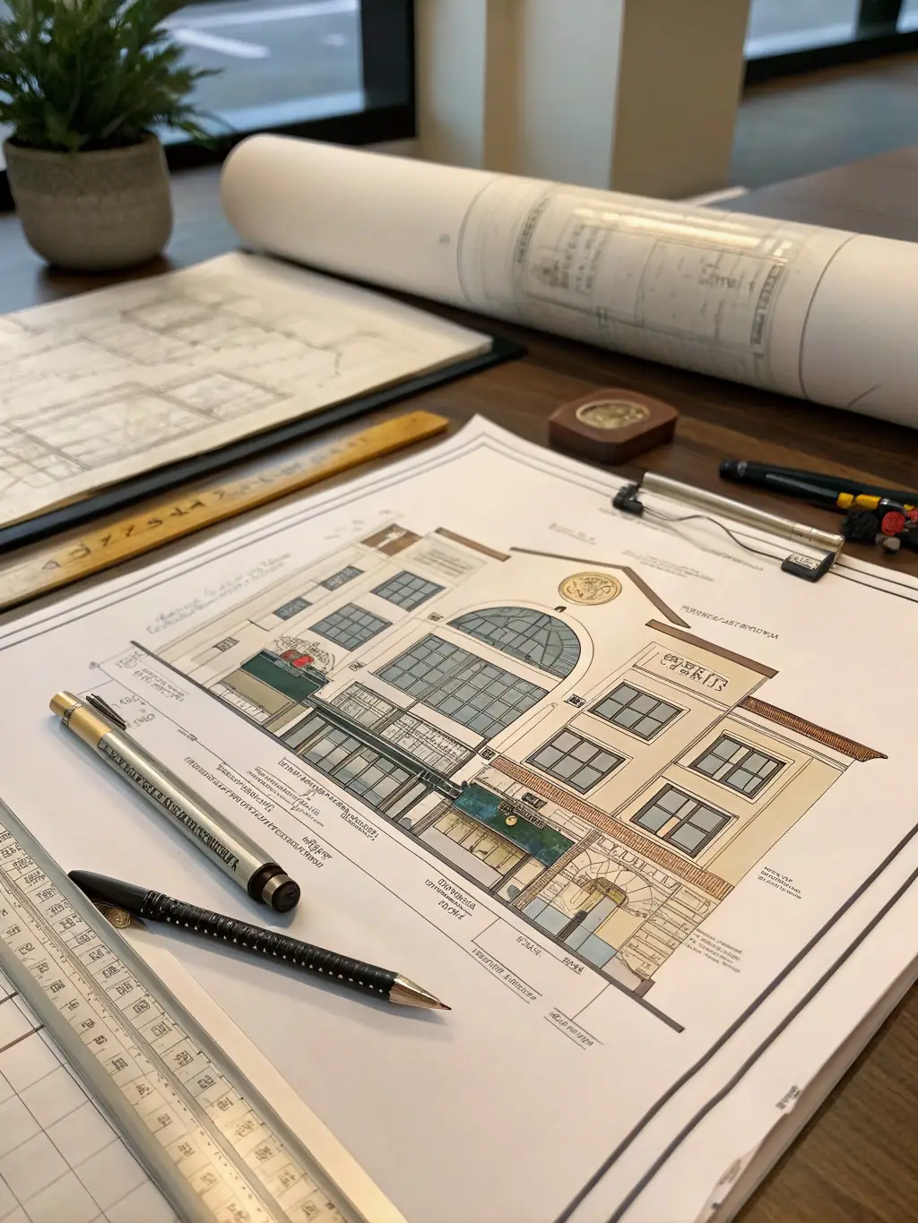 An architectural blueprint of a new building development, highlighting legal compliance.